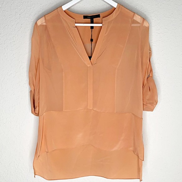 BCBGMAXAZRIA Liberty Split-Neck High-Low Silk Blouse in Blush - Picture 3 of 7